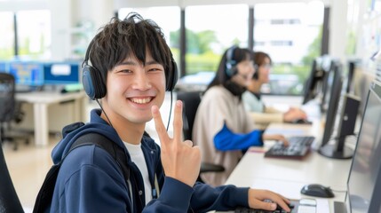 Young man smiling in headphones at a computer desk.