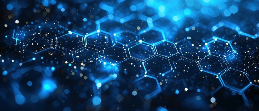Visually striking abstract pattern of luminous, sapphire-hued hexagons that radiate an inner glow for a medical tech banner
