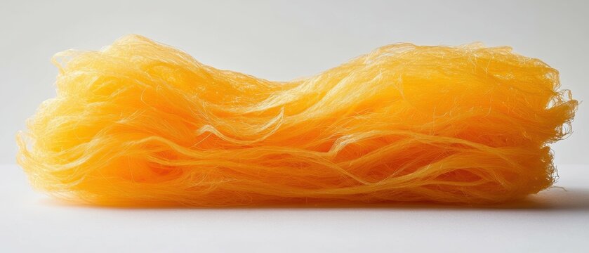 Dramatic close-up of a perfectly formed Thai foi thong (golden egg yolk threads) dessert its intricate weave on full display against a white backdrop