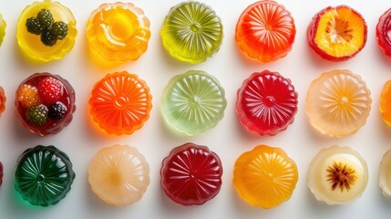 Overhead view of a selection of colorful, gelatinous Thai woon joob (jelly desserts) in an assortment of fruity flavors, set against a white background with copy space