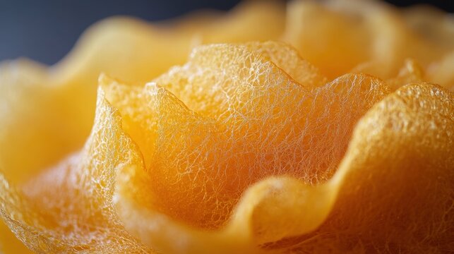 Dramatic close-up of a perfectly formed Thai foi thong (golden egg yolk threads) dessert its intricate weave on full display