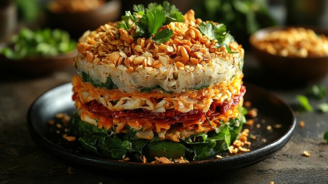 Side profile of a stack of traditional Burmese lahpet thoke (fermented tea leaf salad) layered with crunchy toppings
