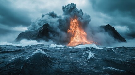 Fototapeta premium Fiery Birth of a New Island: Underwater Volcano Eruption Amidst Churning Waves