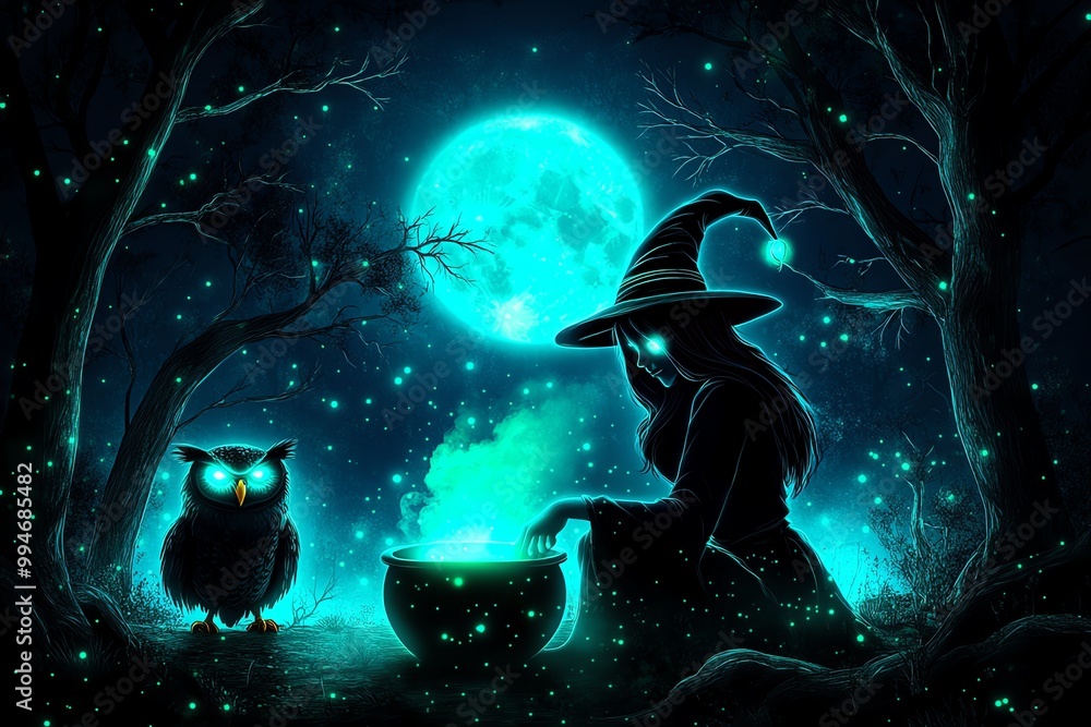 Poster a witch stirring a cauldron in a forest under the glow of a full moon, with the trees around her lit