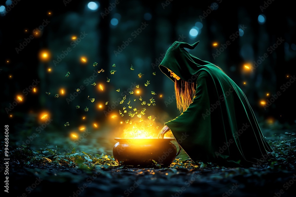 Poster a witch dressed in a dark green cloak, standing by a bubbling cauldron in the middle of an enchanted