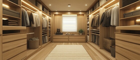Fototapeta premium Streamlined walk in closet with open shelving and minimal hardware