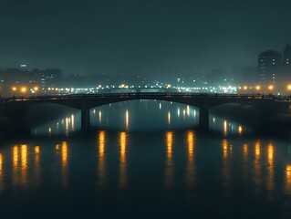 Night Cityscape with Bridge and River