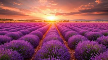 Obraz premium Serene lavender fields at sunset, with rows of purple flowers stretching to the horizon, bathed in warm golden light