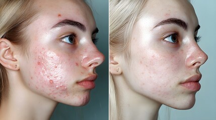 Obraz premium Before-and-after acne treatment comparison, highlighting severe breakouts before and smooth, blemish-free skin after a successful treatment