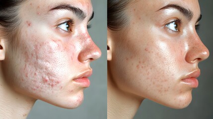 Before-and-after of a person's face with noticeable acne reduction, smoother skin texture, and even tone, Realistic Photography, High Contrast