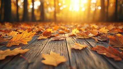Golden Autumn Leaves on Wooden Plank with Sunbeams and Forest Background