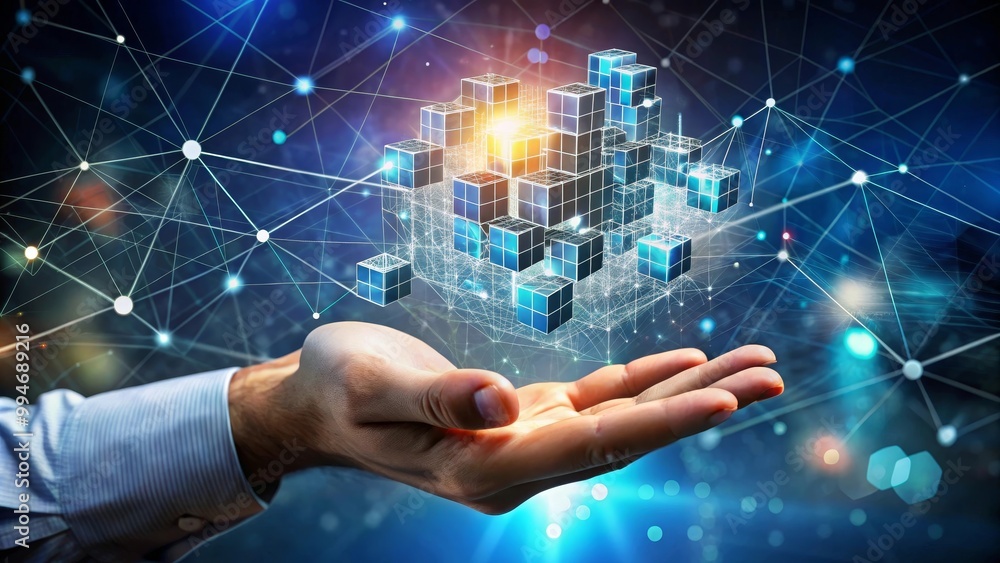 Poster businessman is holding a digital hologram of blockchain technology, representing the concept of dece