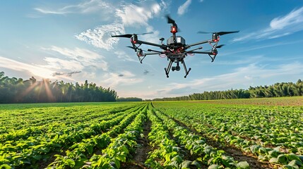 Drone flying over a green field of crops