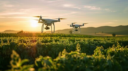 Two Drones Flying Over a Field at Sunset
