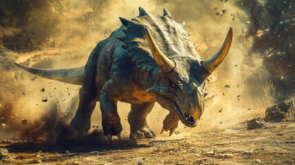 Fototapeta premium An action-packed scene featuring a triceratops-like dinosaur charging through an open field, dust and debris flying around, muscles visibly flexing