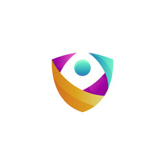 Abstract logo shield with people colorful 3d design style