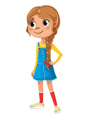 Smiling schoolgirl with braid wearing in sundress and sneakers with hand on hip isolated on white background.
