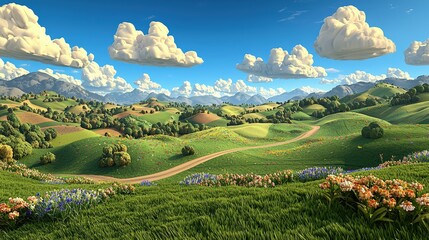 Fototapeta premium Tranquil Countryside Meadow with Rolling Hills and Winding Road