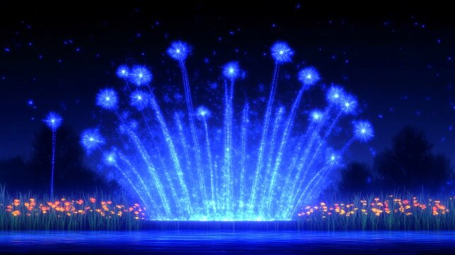 Cylindrical Blue Waterfall Display with Dramatic Lighting on dark shadow background neon wallpaper