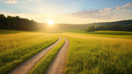 Obraz premium serene landscape featuring winding dirt road through lush green fields under bright sunrise. scene evokes sense of peace and tranquility, perfect for nature lovers.
