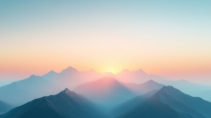 Fototapeta premium Breathtaking mountain landscape at sunrise, showcasing soft pastel colors and serene atmosphere. peaks are silhouetted against vibrant sky, creating tranquil scene.