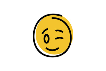Wink face emoji in abstract line art with yellow base color. emoticon icon vector.