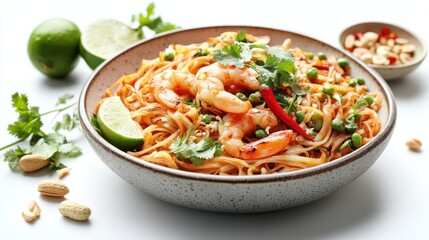A Bowl of Pad Thai Noodles with Shrimp, Cilantro, and Chili Pepper