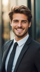 Fototapeta premium Smiling successful young businessman dressed in black suit, tie and white shirt outdoors in the city