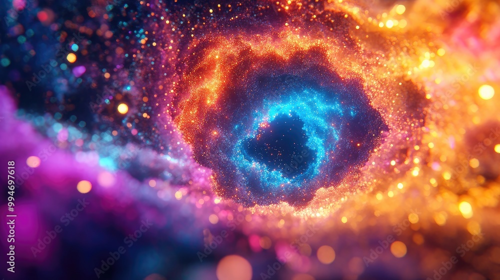 Poster a colorful fluffy light tunnel filled with glowing particles, creating a beautiful and vibrant abstr