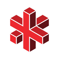 This is a logo of a medical cross in hexagonal shape in red color in 3D style on a white background