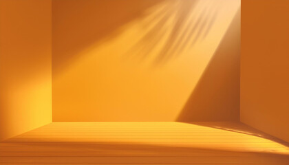 Abstract yellow color gradient studio background for product presentation. Empty room with shadows of window and flowers and palm leaves . 3d room with copy space. Summer concert. Blurred backdrop