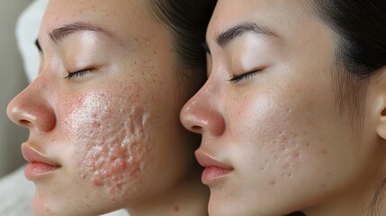 Before-and-after acne healing  Active pustules turning into flat healing spots, reduced redness, and pore shrinkage on both sides of the face