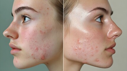 Obraz premium Skincare transformation before, inflamed acne-prone skin; after, a fresh, clear complexion with no visible blemishes
