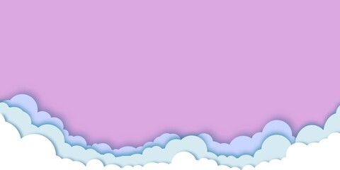 Paper Cut. Sky paper cut picture with blue and white clouds and pink sky background paper cut clouds border simple cartoon design banner poster flyer illustration