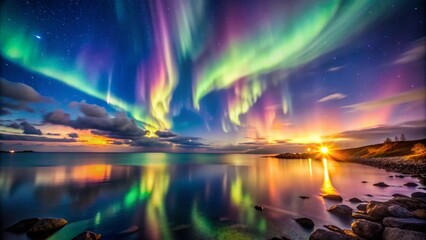 Ocean waves crashing on the shore with a distant lighthouse and bright aurora borealis illuminating the sky