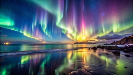 Ocean waves crashing on the shore with a distant lighthouse and bright aurora borealis illuminating the sky
