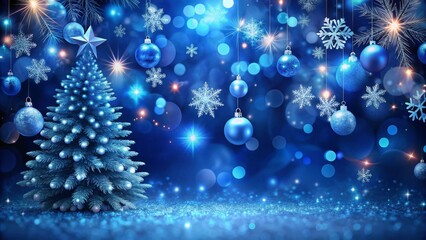 Fototapeta premium Christmas tree standing with blue ornaments hanging and sparkling lights in background creating magical christmas mood