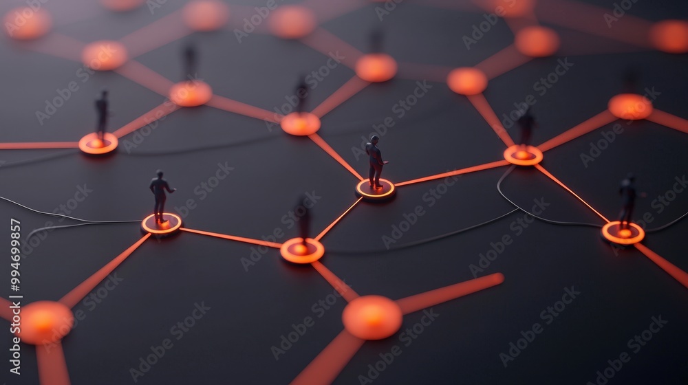 Poster human figures interacting with data points on a network abstract technology concept