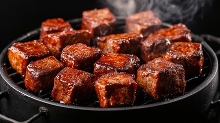 Juicy Beef Cubes Smoking in a Smoker Showcasing the Art of Low and Slow Cooking