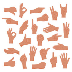 Vector Flat Simple Cartoon Hands in Different Gestures, Emotions and Signs Set, Isolated. Flat Colorful Hands, Simple Cartoon Style Hands Illustration. Hands Gestures Collection