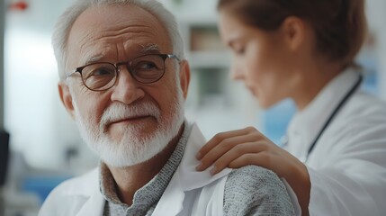 Focused moment of a doctor reassuring a patient with a touch on the shoulder before administering the vaccine, calm medical environment