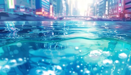 A clear swimming pool at night with reflections of a cityscape, shimmering under artificial lights.