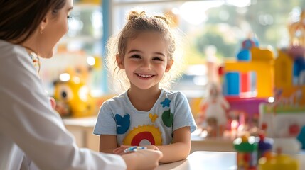 Child bravely taking a vaccine in a colorful pediatric clinic, surrounded by toys and cheerful decorations, warm sunlight through the windows, nurse smiling