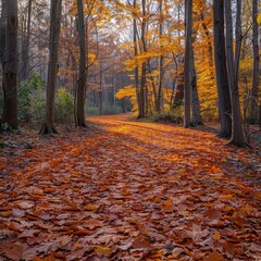 The leaf-covered pathway winds through a vibrant autumn forest.