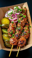 Delicious Street Food Lamb Skewers in Paper Tray with Pickles and Onions for Casual Dining