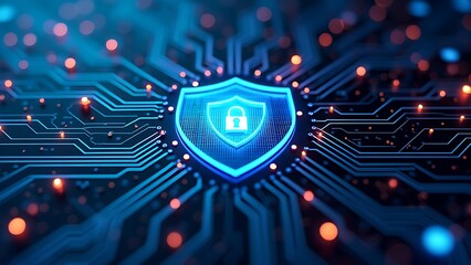 Cybersecurity concept with shield symbols on circuit board