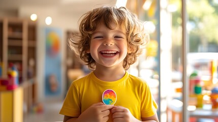 A happy child showing off a vibrant vaccination sticker in a cheerful pediatric clinic filled with toys, with sunlight streaming in through large windows