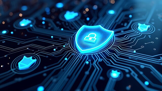 Cybersecurity concept with shield symbols on circuit board