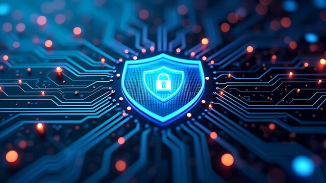 Cybersecurity concept with shield symbols on circuit board
