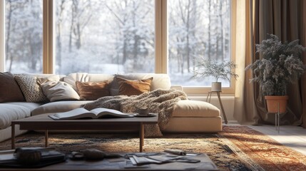 Quiet winter living room with a large rug, a thick woolen blanket on the sofa and an open book on the coffee table. generative ai